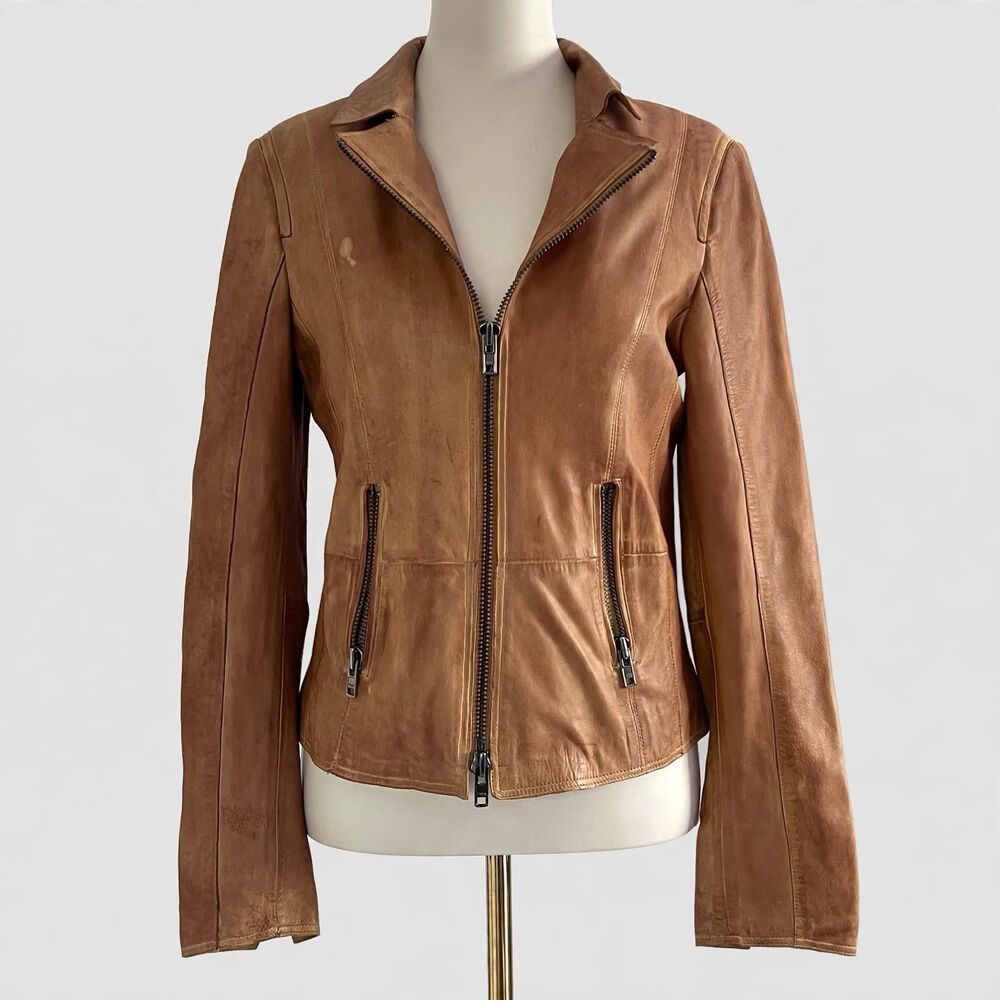 Maceoo Genuine Leather Caramel Brown Distressed Look Biker Jacket Womens sz S